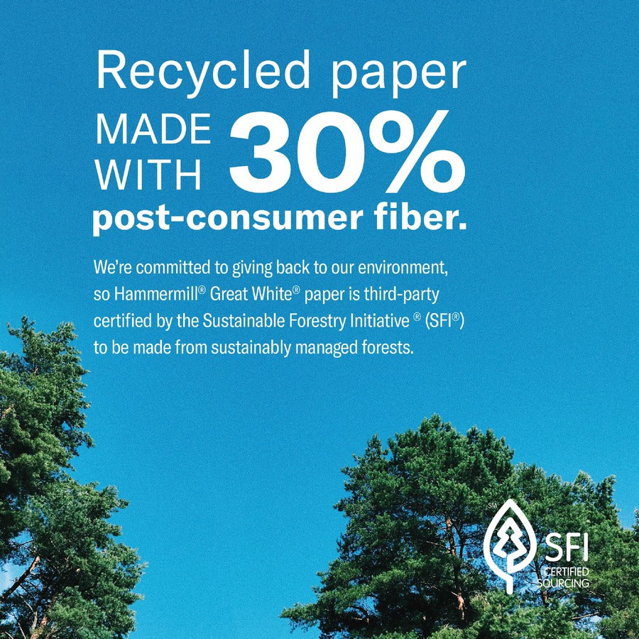 Hammermill Great White Recycled Copy Paper - White - 92 Brightness - 11" x 17" - 20 lb Basis Weight - Acid-free, Moisture Resistant, Archival-safe, Jam-free - White - 500 / Ream