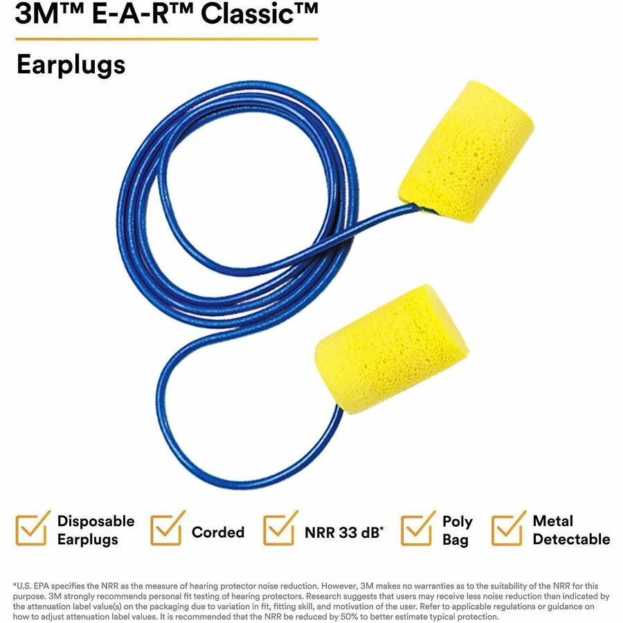 Noise Protection - Foam - Yellow - Moisture Resistant, Corded - 2/Pair - 200 / Box