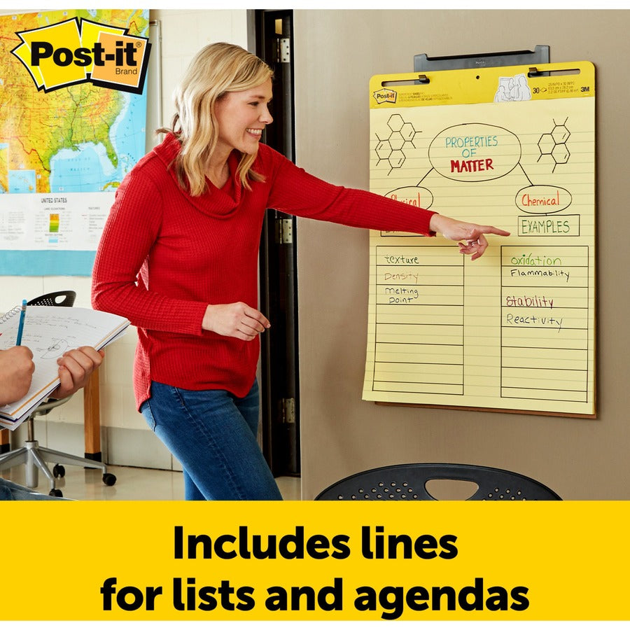 Post-it Super Sticky Easel Pad, 25" x 30", Canary Yellow, Feint Blue Margin, 30 Sheets per Pad, 4 Pads per Pack, Stapled, Self-adhesive, Perforated, Repositionable, Sturdy Back, Cardboard Cover