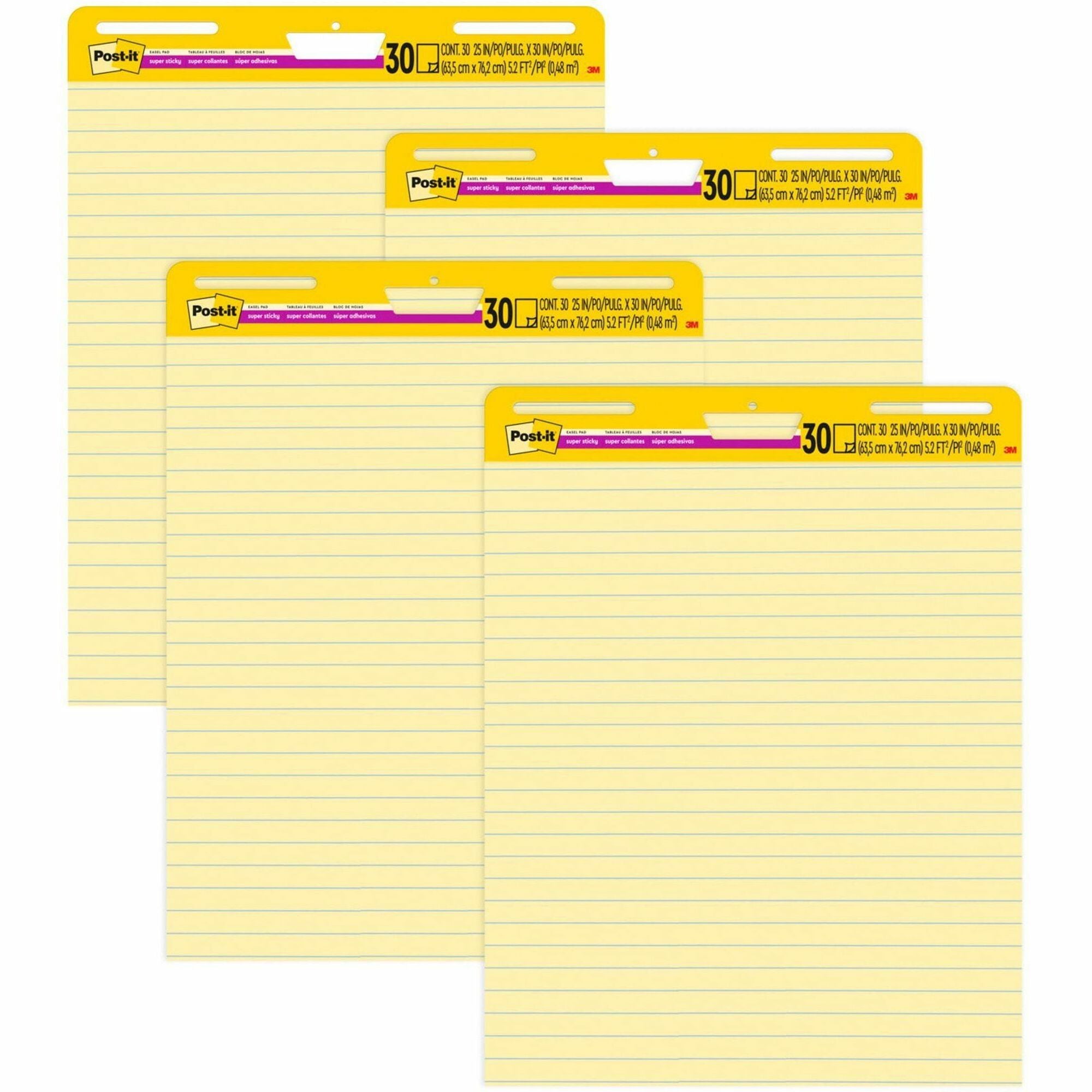 Post-it Super Sticky Easel Pad, 25" x 30", Canary Yellow, Feint Blue Margin, 30 Sheets per Pad, 4 Pads per Pack, Stapled, Self-adhesive, Perforated, Repositionable, Sturdy Back, Cardboard Cover