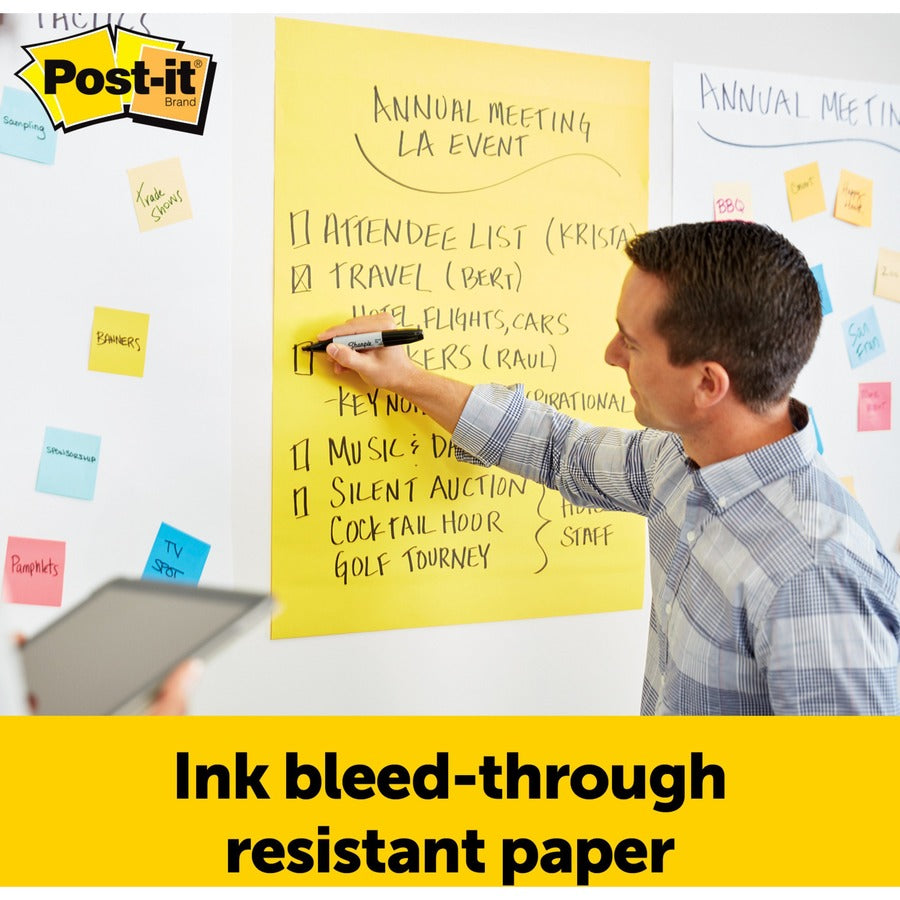 Post-it Super Sticky Easel Pad, 25" x 30", Canary Yellow, Feint Blue Margin, 30 Sheets per Pad, 4 Pads per Pack, Stapled, Self-adhesive, Perforated, Repositionable, Sturdy Back, Cardboard Cover