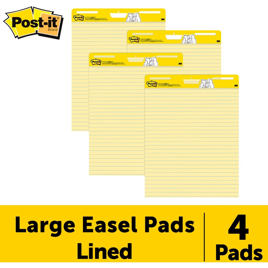 Post-it Super Sticky Easel Pad, 25" x 30", Canary Yellow, Feint Blue Margin, 30 Sheets per Pad, 4 Pads per Pack, Stapled, Self-adhesive, Perforated, Repositionable, Sturdy Back, Cardboard Cover