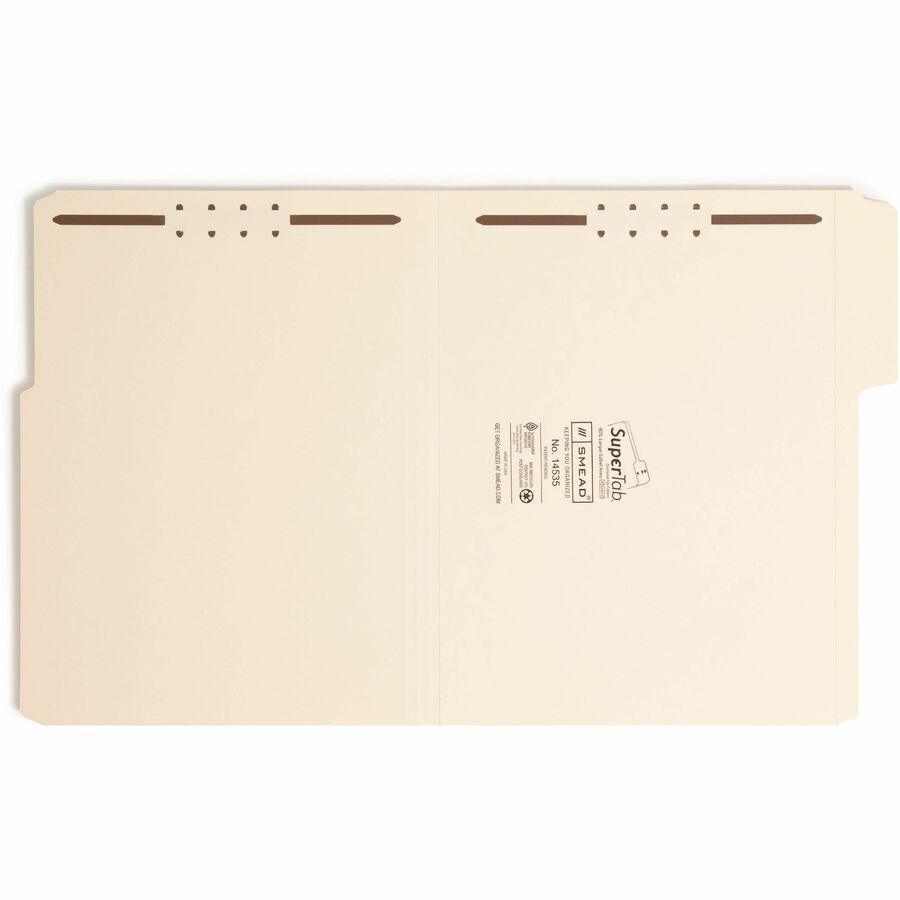 Smead SuperTab 1/3 Tab Cut Letter Recycled Fastener Folder - 8 1/2" x 11" - 3/4" Expansion - 2 x 2K Fastener(s) - 2" Fastener Capacity - Top Tab Location - Assorted Tab Position - 11 pt. - 2 Plys - Manila - Reinforced Tab - 10% Recycled - 50 / Box