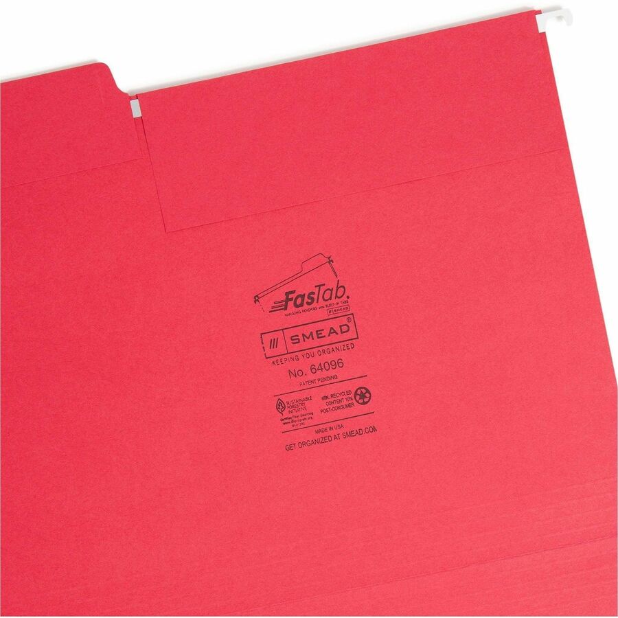 Smead FasTab 1/3 Tab Cut Letter Recycled Hanging Folder - 8 1/2" x 11" - 3/4" Expansion - Top Tab Location - Assorted Tab Position - 11 pt. - 2 Plys - Red - Reinforced Tab, Embossed, Heavy Duty, Tear Resistant - 10% Recycled - 20 / Box