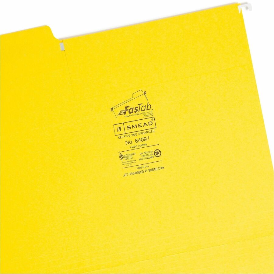 Smead FasTab 1/3 Tab Cut Letter Recycled Hanging Folder - 8 1/2" x 11" - Top Tab Location - Assorted Tab Position - 11 pt. - 2 Plys - Yellow - Heavy Duty, Embossed, Tear Resistant - 10% Recycled - 20 / Box