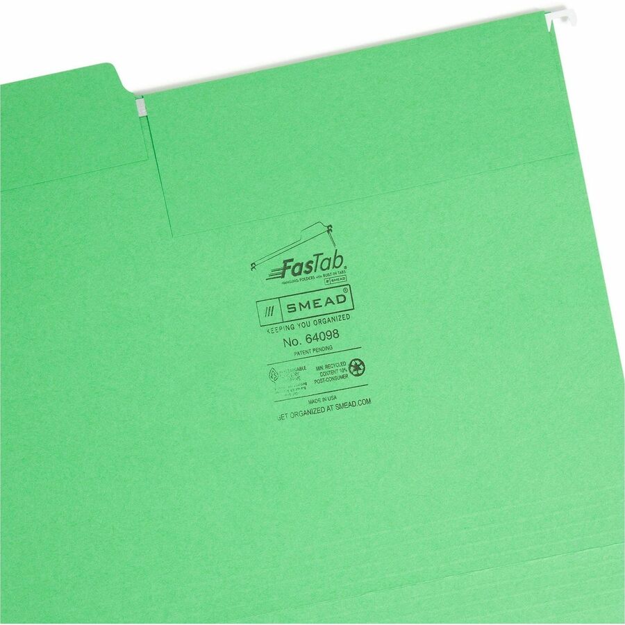 Smead FasTab 1/3 Tab Cut Letter Recycled Hanging Folder - 8 1/2" x 11" - Top Tab Location - Assorted Tab Position - 11 pt. - 2 Plys - Green - Embossed, Heavy Duty, Tear Resistant - 10% Recycled - 20 / Box