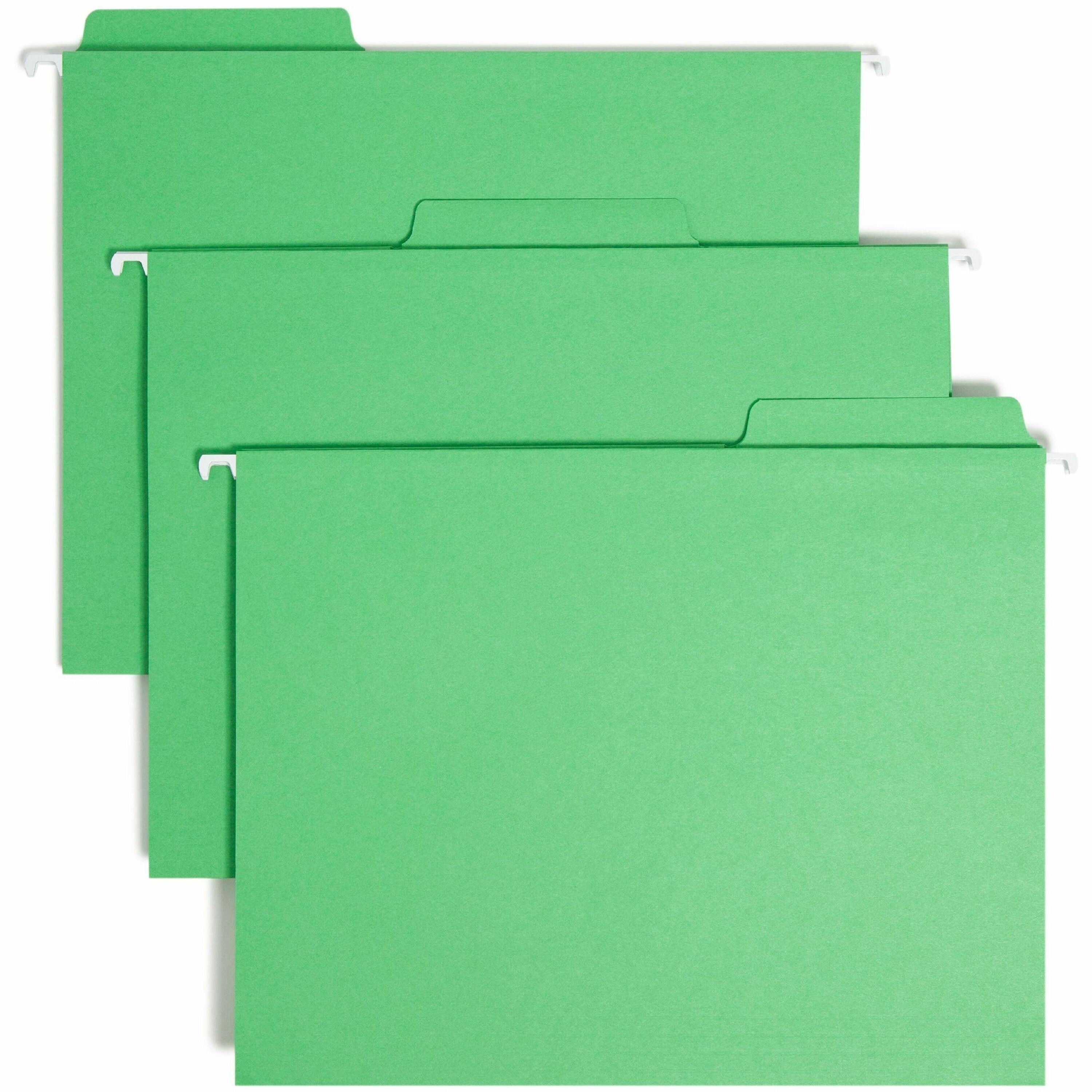 Smead FasTab 1/3 Tab Cut Letter Recycled Hanging Folder - 8 1/2" x 11" - Top Tab Location - Assorted Tab Position - 11 pt. - 2 Plys - Green - Embossed, Heavy Duty, Tear Resistant - 10% Recycled - 20 / Box