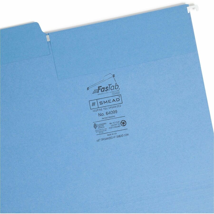 Smead FasTab 1/3 Tab Cut Letter Recycled Hanging Folder - 8 1/2" x 11" - Top Tab Location - Assorted Tab Position - 11 pt. - 2 Plys - Blue - Embossed, Heavy Duty, Tear Resistant - 10% Recycled - 20 / Box