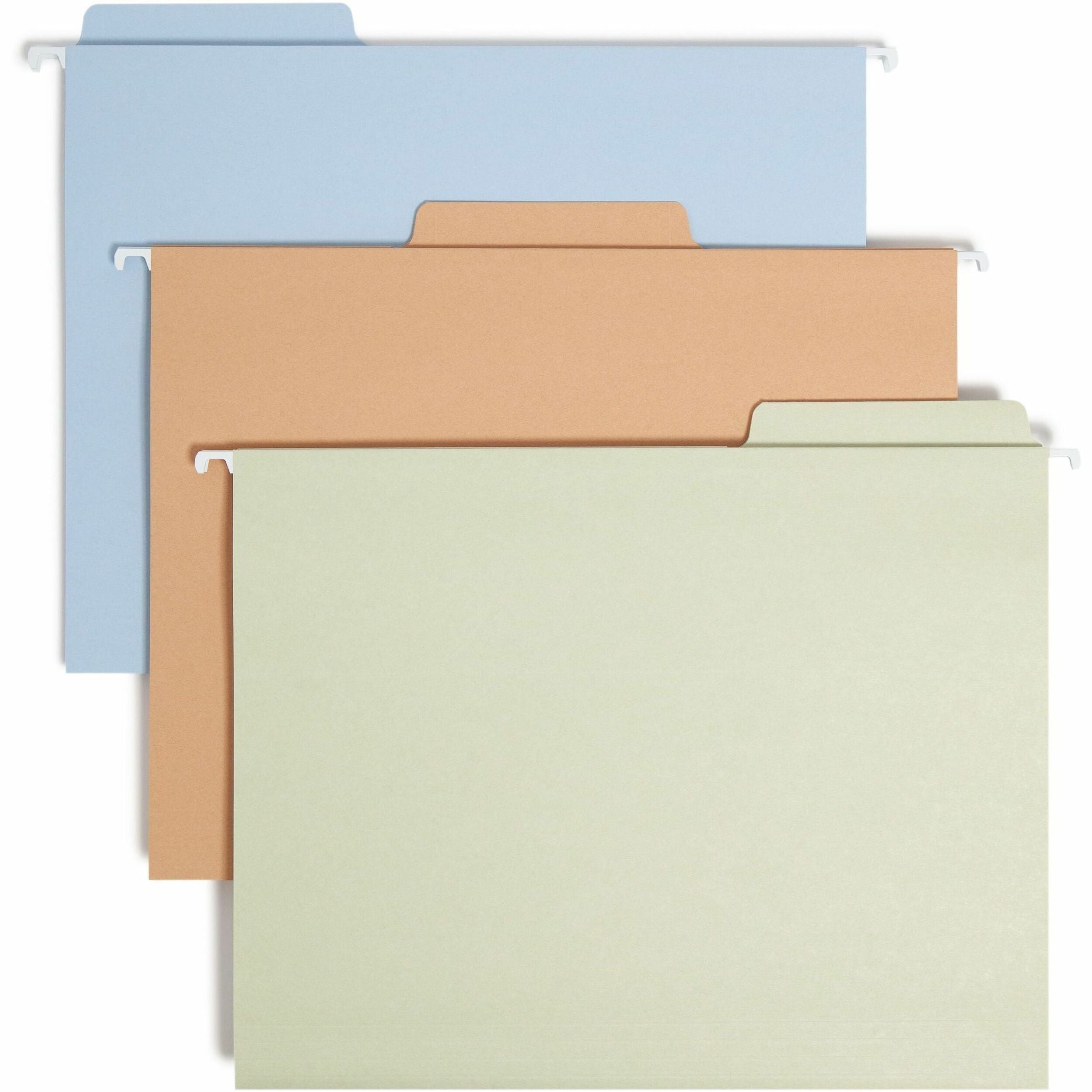 Smead FasTab 1/3 Tab Cut Letter Recycled Hanging Folder - 8 1/2" x 11" - Top Tab Location - Assorted Tab Position - 11 pt. - 2 Plys - Camel, Lake Blue, Moss - Heavy Duty, Embossed - 10% Recycled - 18 / Box