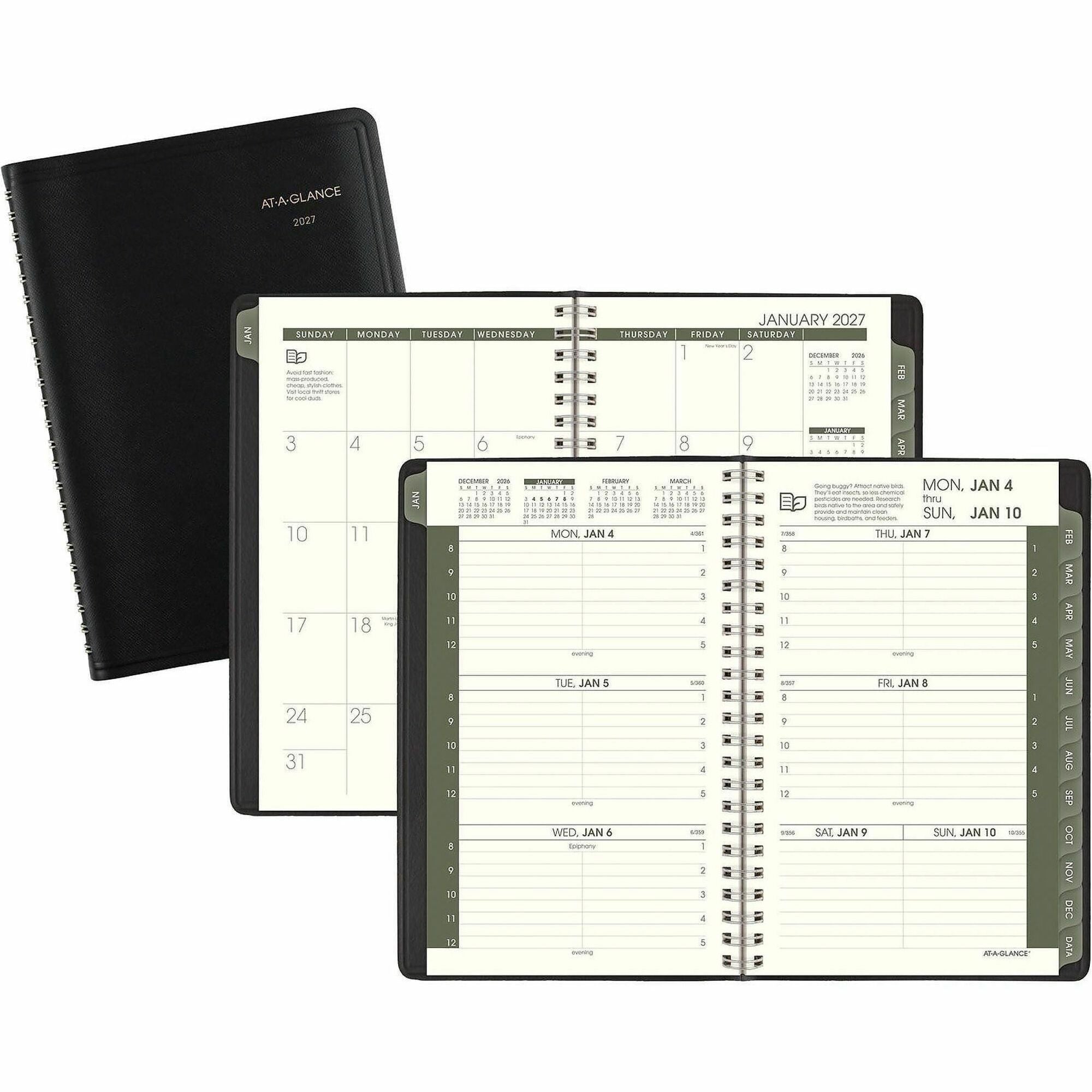 At-A-Glance Recycled Appointment Book Planner, Weekly, 12 Months, January 2026–December 2026, 8:00 AM–5:00 PM Hourly, 1 Week Double Page Layout, 4 7/8" x 8", Desk Pad, Black, 1 Each