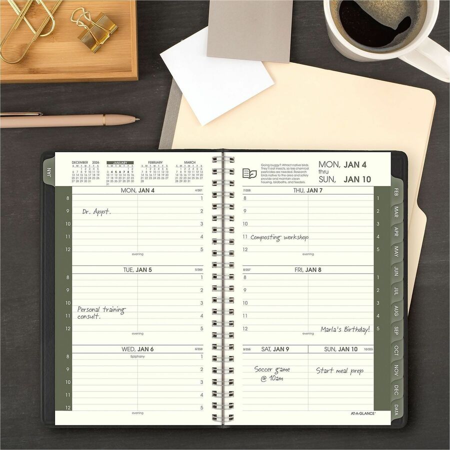 At-A-Glance Recycled Appointment Book Planner, Weekly, 12 Months, January 2026–December 2026, 8:00 AM–5:00 PM Hourly, 1 Week Double Page Layout, 4 7/8" x 8", Desk Pad, Black, 1 Each
