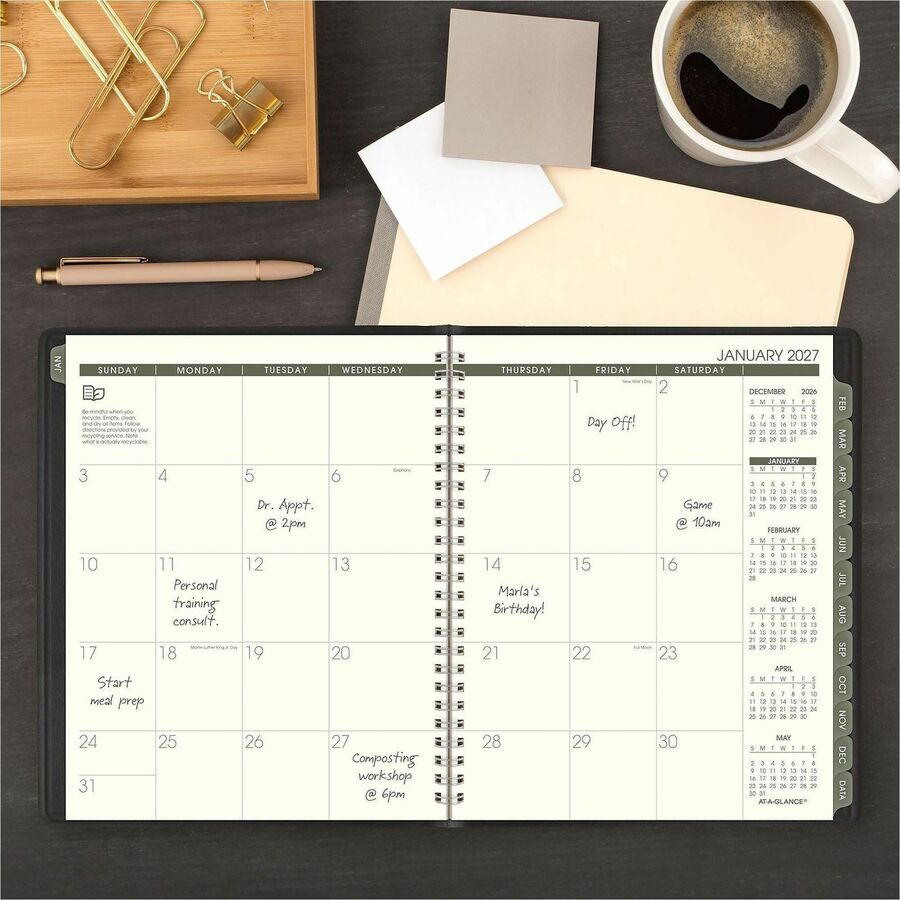 At-A-Glance Recycled Planner - Julian Dates - Monthly - 1 Year - January 2026 to December 2026 - 6 7/8" x 8 3/4" Sheet Size - Wire Bound - Desk Pad - Black - Simulated Leather - Address Directory, Phone Directory - 1 Each