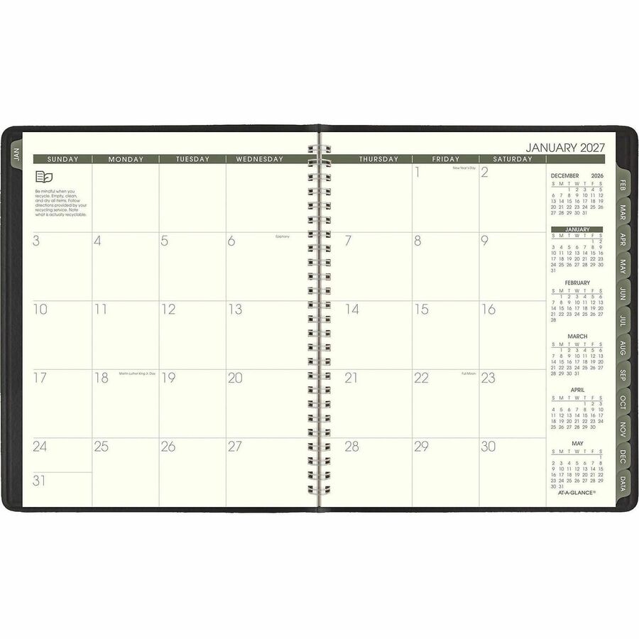 At-A-Glance Recycled Planner - Julian Dates - Monthly - 1 Year - January 2026 to December 2026 - 6 7/8" x 8 3/4" Sheet Size - Wire Bound - Desk Pad - Black - Simulated Leather - Address Directory, Phone Directory - 1 Each