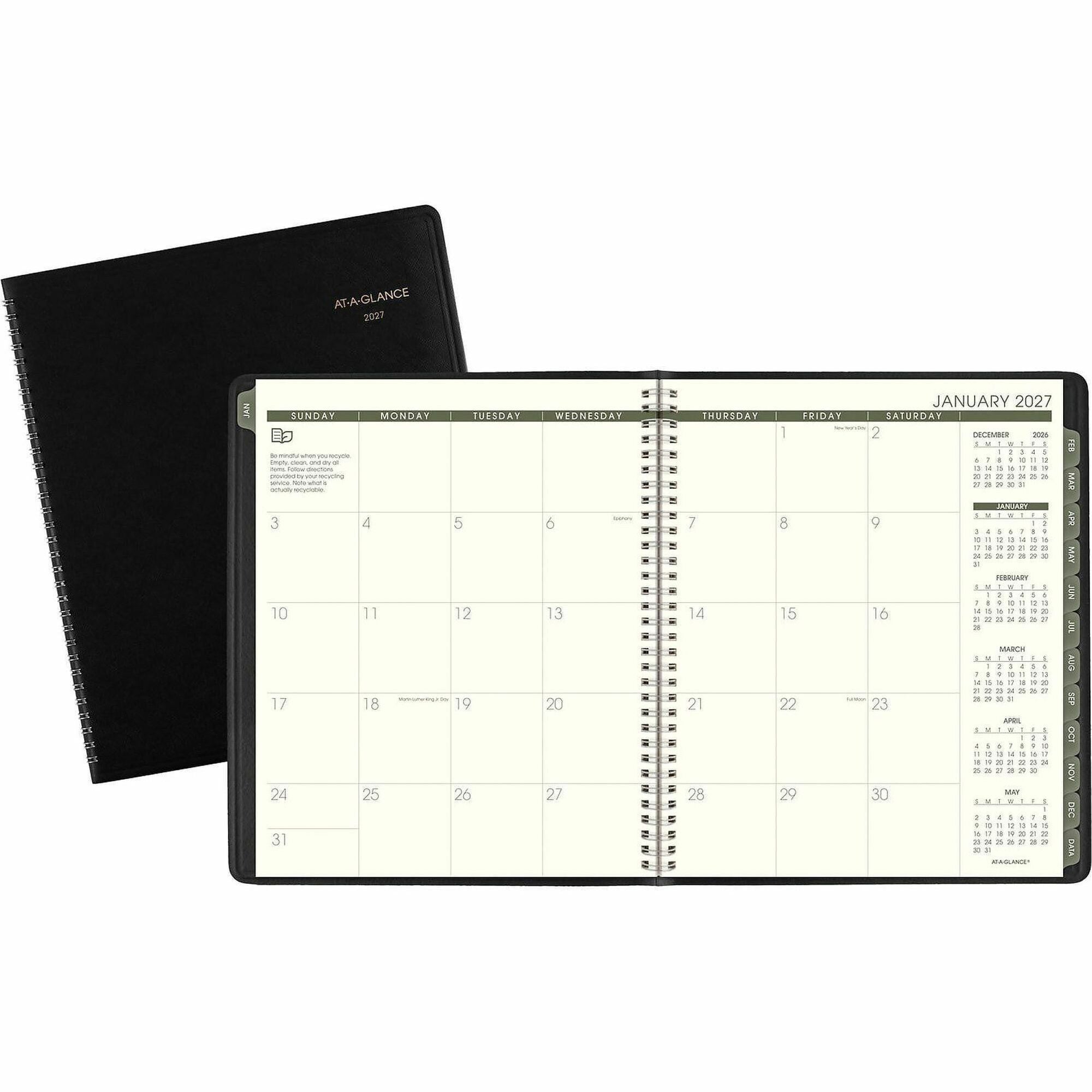 At-A-Glance Recycled Planner, Large, Monthly, 13 Months (Jan 2026-Jan 2027), Julian Dates, 9" x 11", Sand Sheets, Wire Bound, Black Simulated Leather, Tabbed, Address & Phone Directory, 1 Each