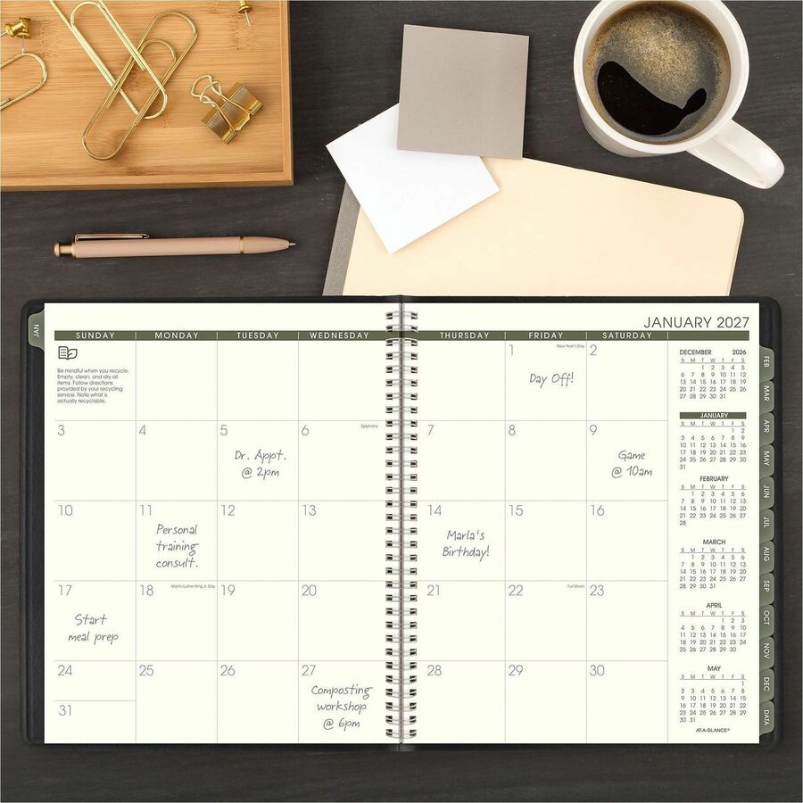 At-A-Glance Recycled Planner, Large, Monthly, 13 Months (Jan 2026-Jan 2027), Julian Dates, 9" x 11", Sand Sheets, Wire Bound, Black Simulated Leather, Tabbed, Address & Phone Directory, 1 Each