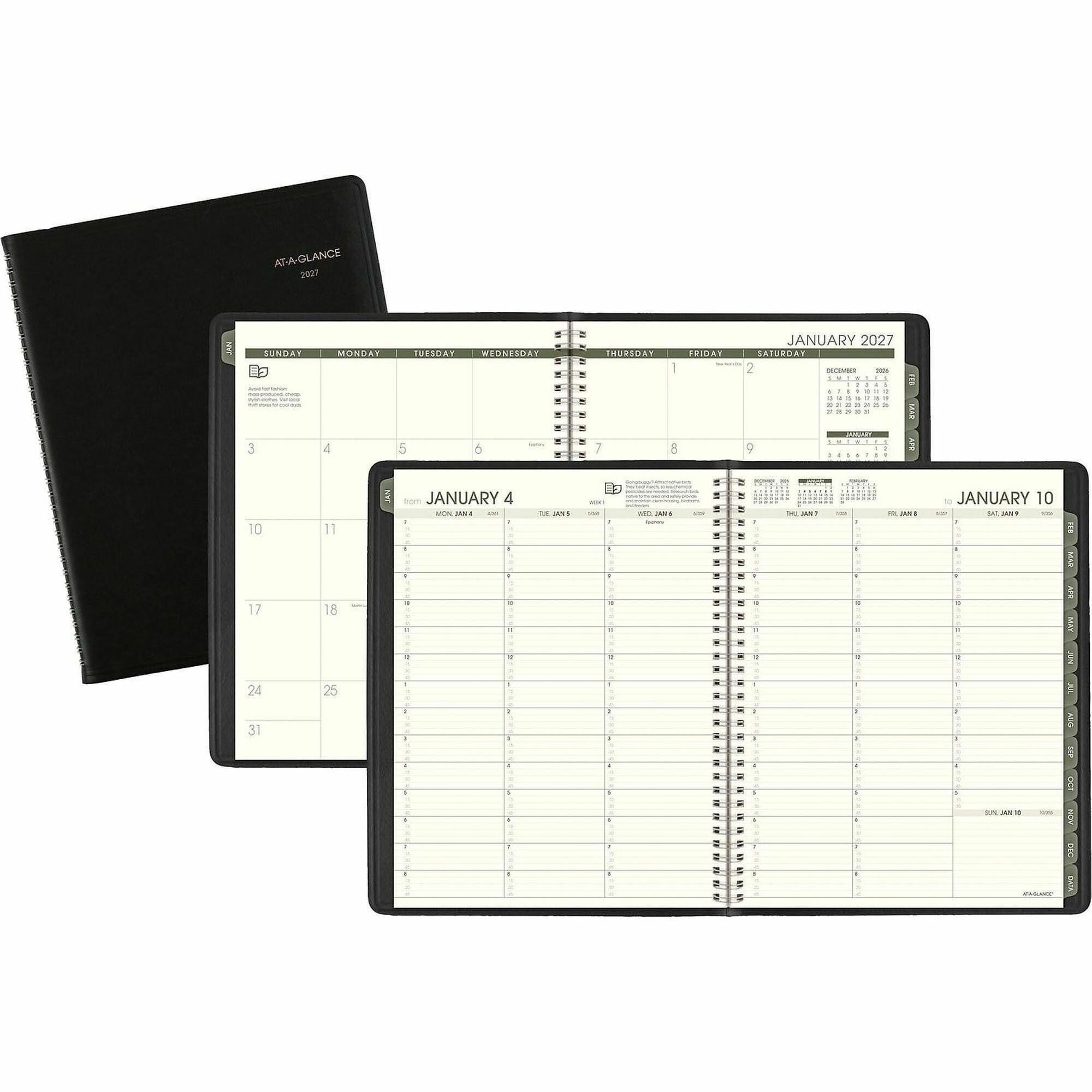 At-A-Glance Recycled Appointment Book Planner, Large, Weekly/Monthly, January 2026-December 2026, 8 1/4" x 11", Sand Sheets, Wire Bound, Black Simulated Leather, 1 Each