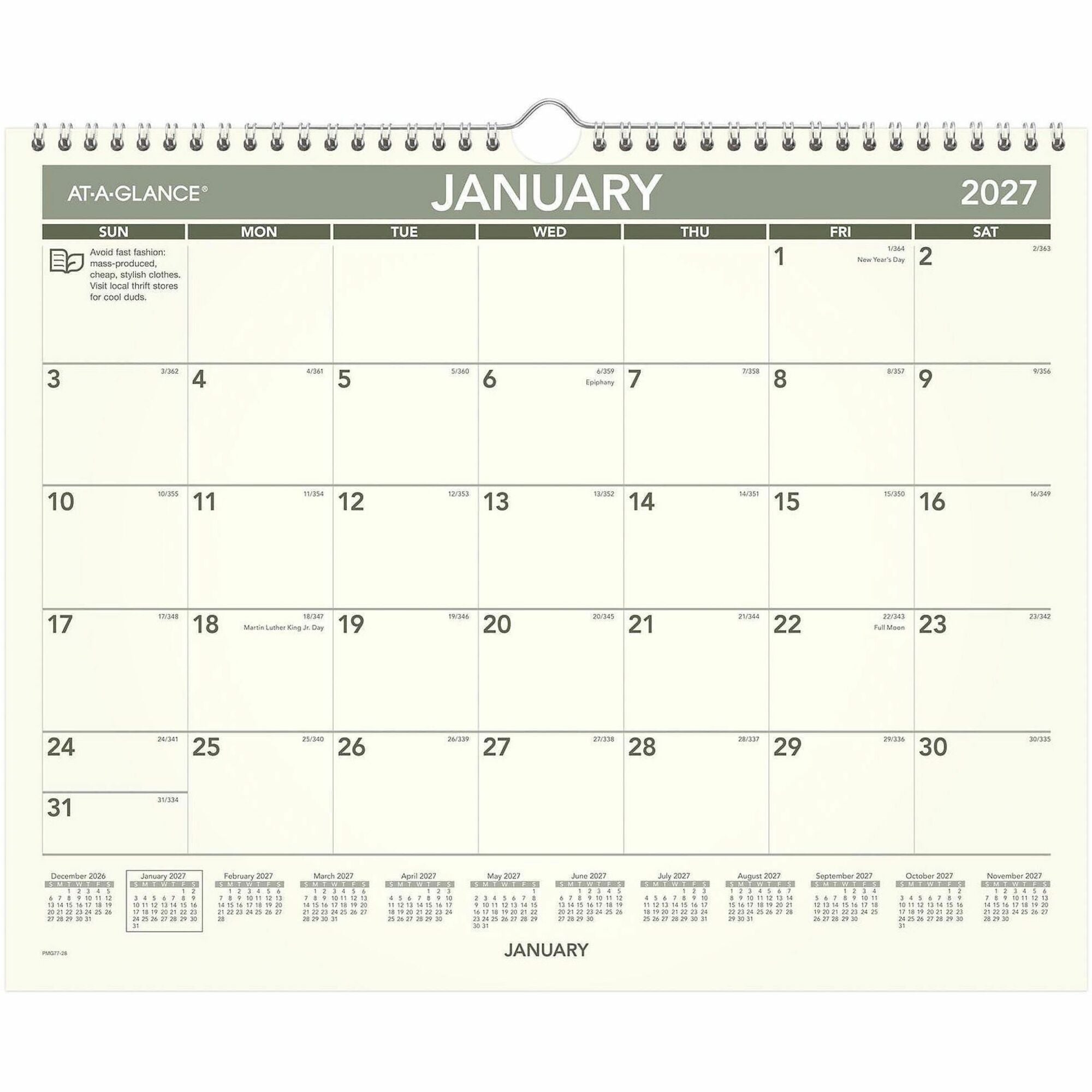 Medium - Julian Dates - Monthly - 12 Month - January 2026 to December 2026 - 1 Month Single Page Layout - 15" x 12" Sheet Size - White Sheet - 2" x 1.68" Block - Wire Bound - Paper - Unruled Daily Block, Hanging Loop - 1 Each