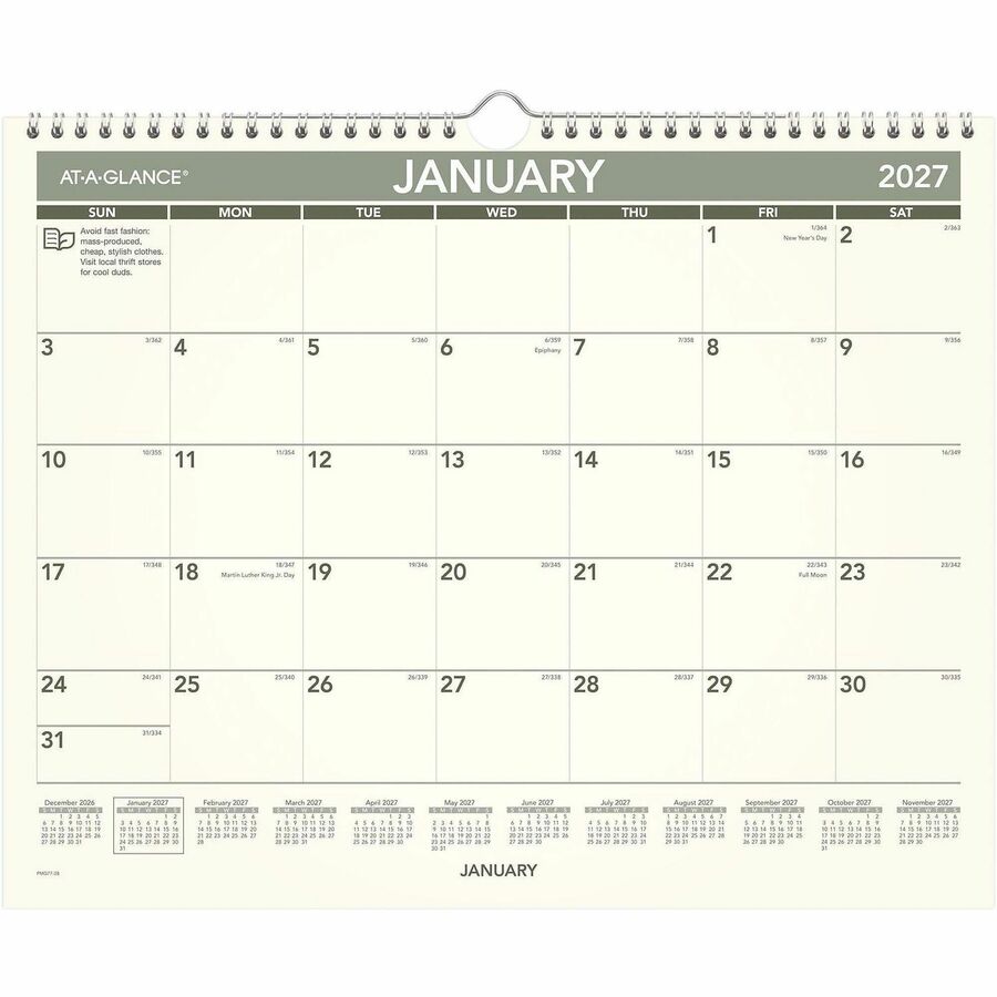 Medium - Julian Dates - Monthly - 12 Month - January 2026 to December 2026 - 1 Month Single Page Layout - 15" x 12" Sheet Size - White Sheet - 2" x 1.68" Block - Wire Bound - Paper - Unruled Daily Block, Hanging Loop - 1 Each