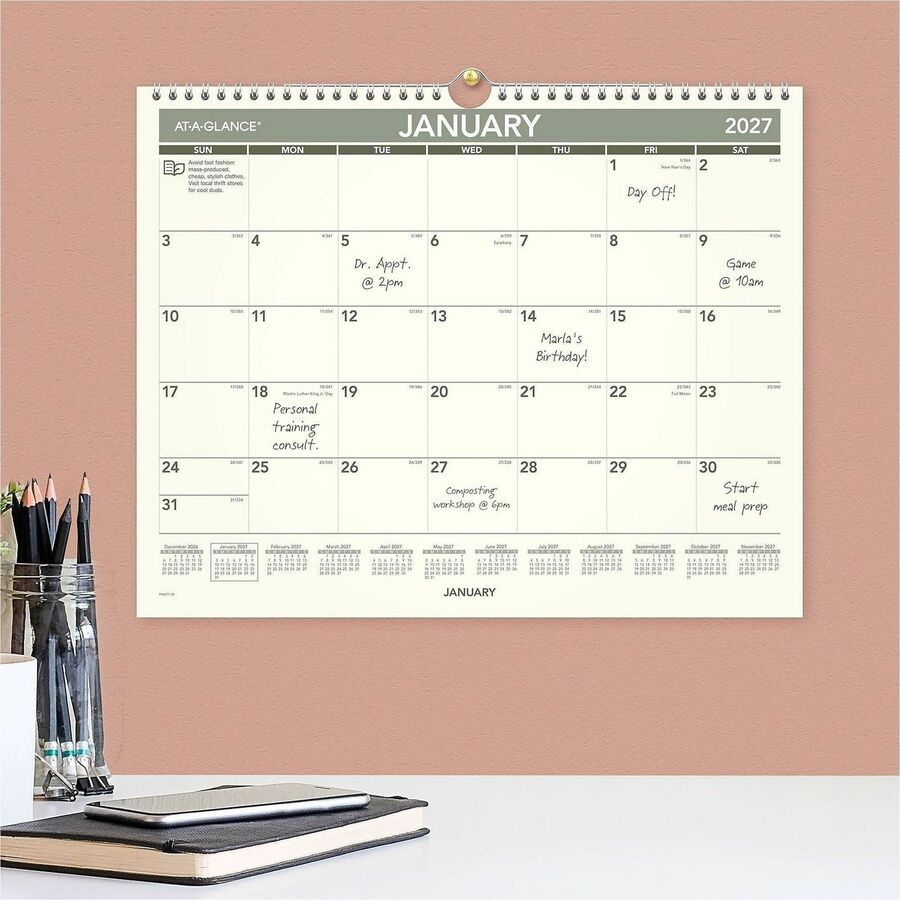 Medium - Julian Dates - Monthly - 12 Month - January 2026 to December 2026 - 1 Month Single Page Layout - 15" x 12" Sheet Size - White Sheet - 2" x 1.68" Block - Wire Bound - Paper - Unruled Daily Block, Hanging Loop - 1 Each