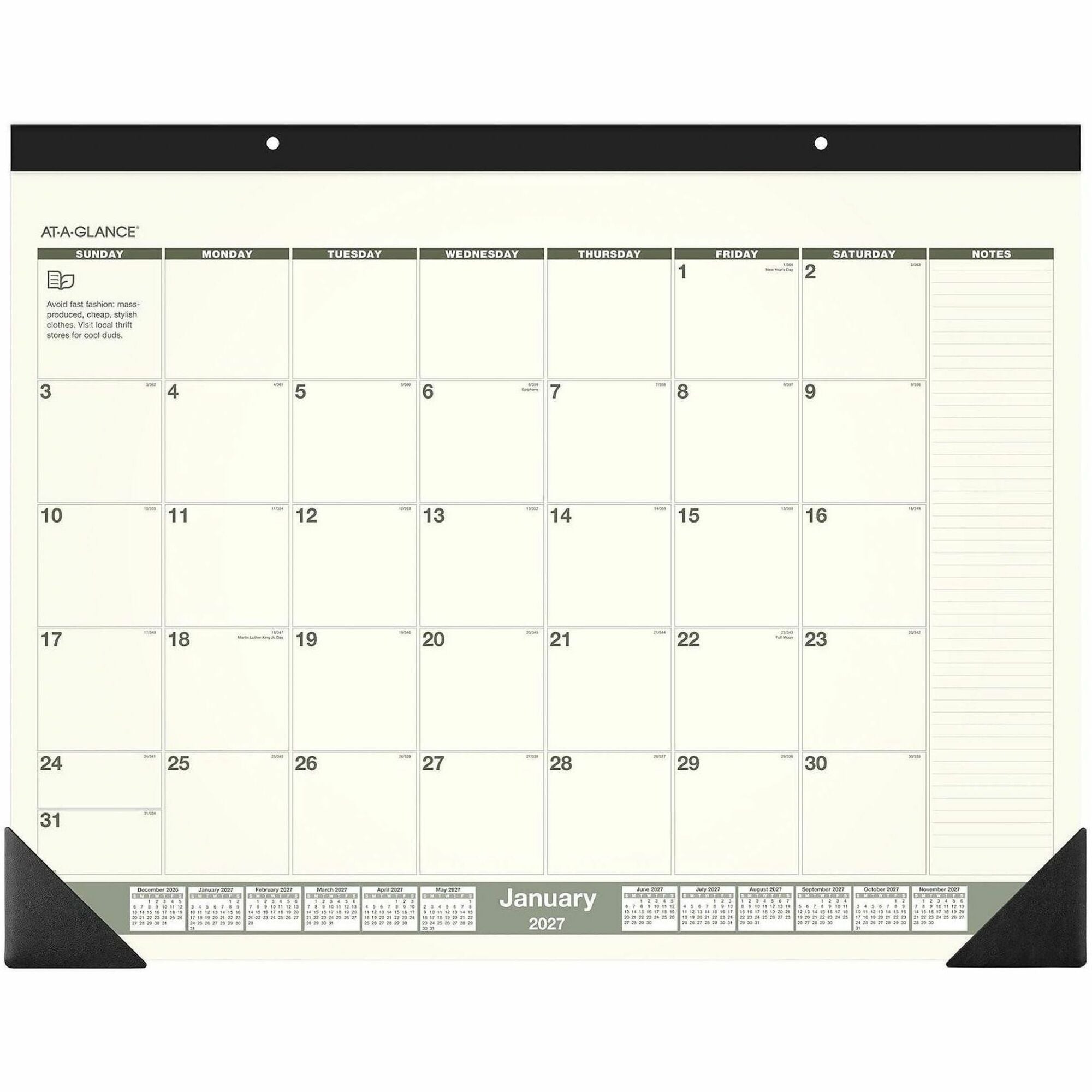 Standard - Julian Dates - Monthly - 12 Month - January 2026 to December 2026 - 1 Month Single Page Layout - 22" x 17" Sheet Size - White Sheet - 2.38" x 2.63" Block - Headband - Desk Pad - Green - Paper, Poly - Unruled Daily Block, Hanging Loop - 1 Each