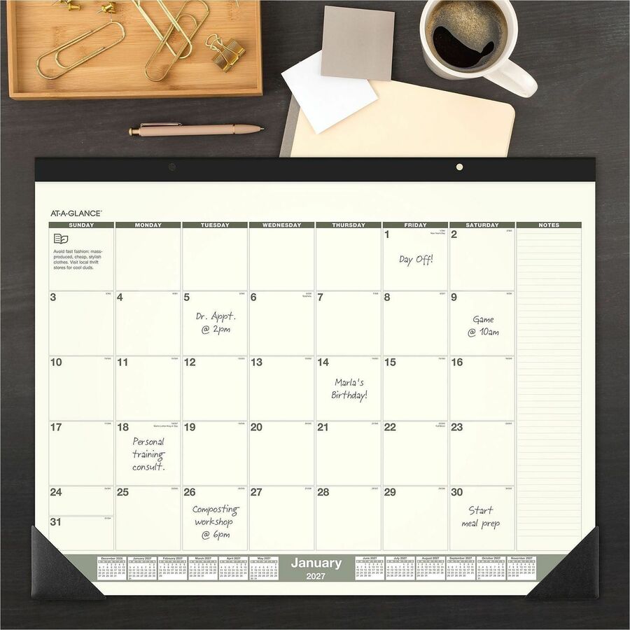 Standard - Julian Dates - Monthly - 12 Month - January 2026 to December 2026 - 1 Month Single Page Layout - 22" x 17" Sheet Size - White Sheet - 2.38" x 2.63" Block - Headband - Desk Pad - Green - Paper, Poly - Unruled Daily Block, Hanging Loop - 1 Each