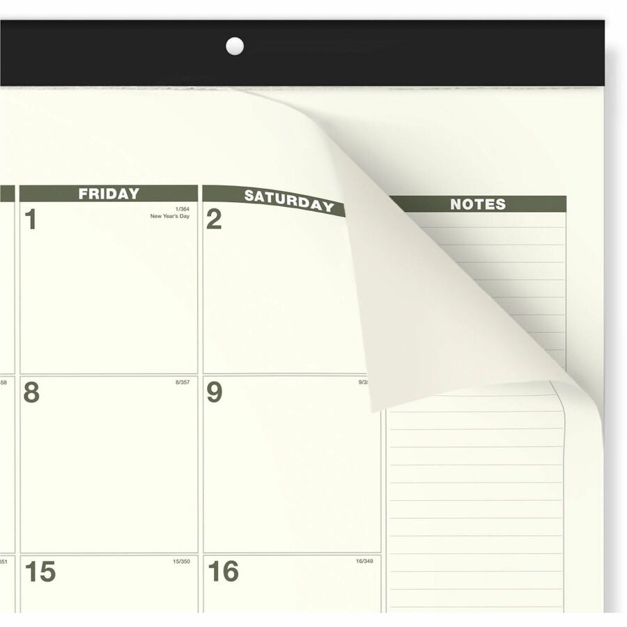 Standard - Julian Dates - Monthly - 12 Month - January 2026 to December 2026 - 1 Month Single Page Layout - 22" x 17" Sheet Size - White Sheet - 2.38" x 2.63" Block - Headband - Desk Pad - Green - Paper, Poly - Unruled Daily Block, Hanging Loop - 1 Each