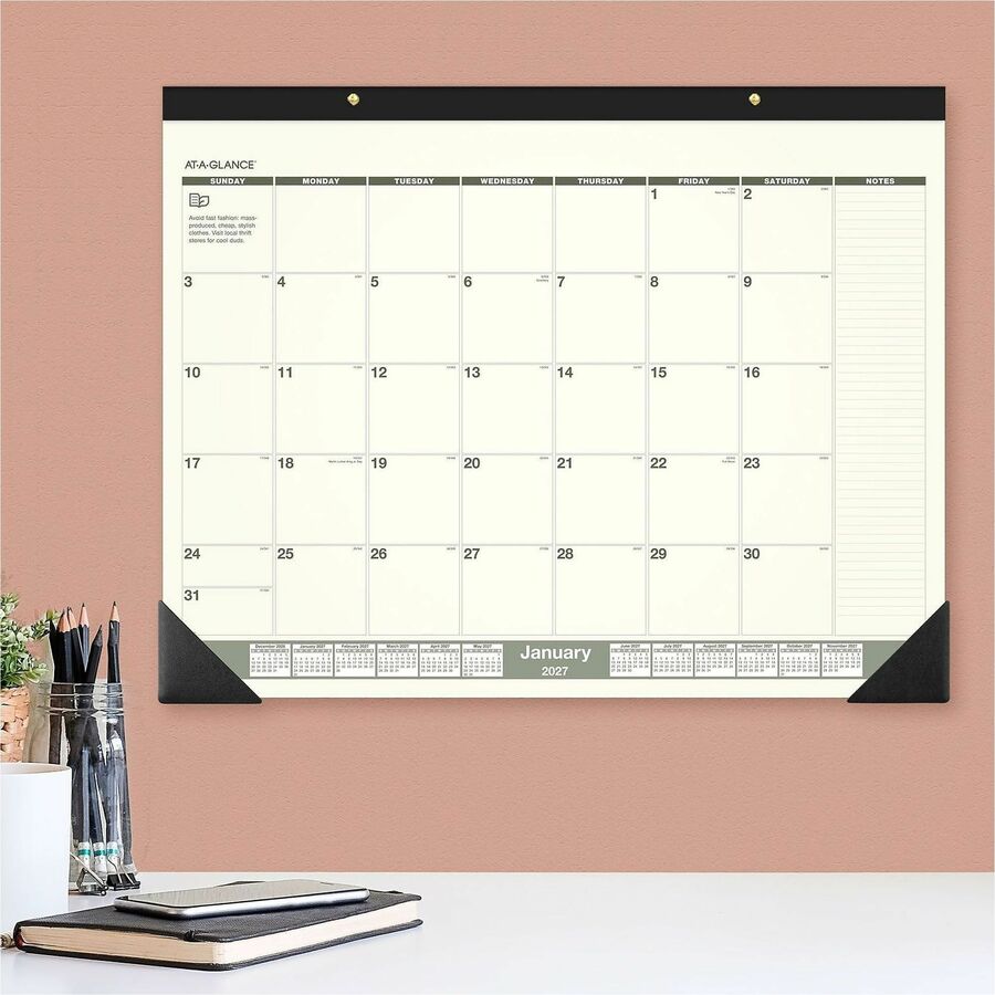 Standard - Julian Dates - Monthly - 12 Month - January 2026 to December 2026 - 1 Month Single Page Layout - 22" x 17" Sheet Size - White Sheet - 2.38" x 2.63" Block - Headband - Desk Pad - Green - Paper, Poly - Unruled Daily Block, Hanging Loop - 1 Each