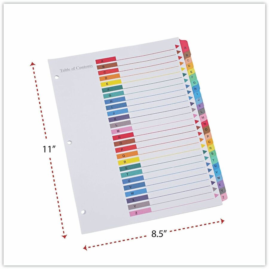 Universal Index Divider, 26 A-Z Printed Side Tabs, 8.5" x 11", Letter Size, 3-Hole Punched, White Paper, Assorted Laminated Tabs, Double-Sided, Mylar Reinforced Edge, 30% Recycled, 1 Set