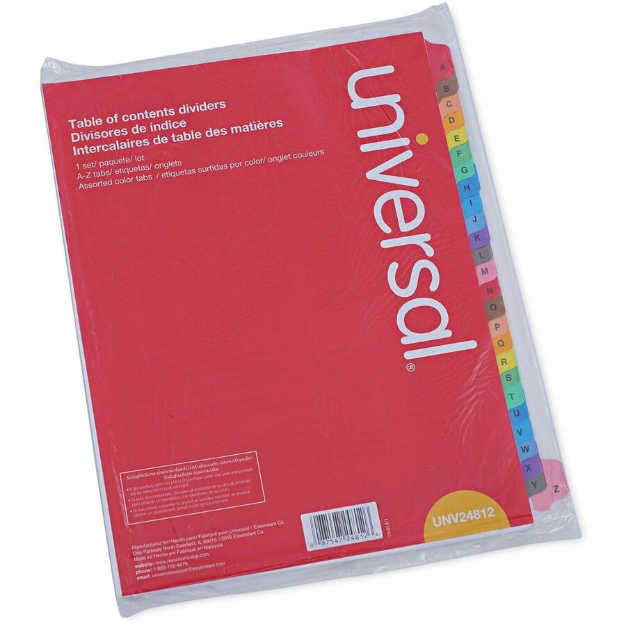 Universal Index Divider, 26 A-Z Printed Side Tabs, 8.5" x 11", Letter Size, 3-Hole Punched, White Paper, Assorted Laminated Tabs, Double-Sided, Mylar Reinforced Edge, 30% Recycled, 1 Set