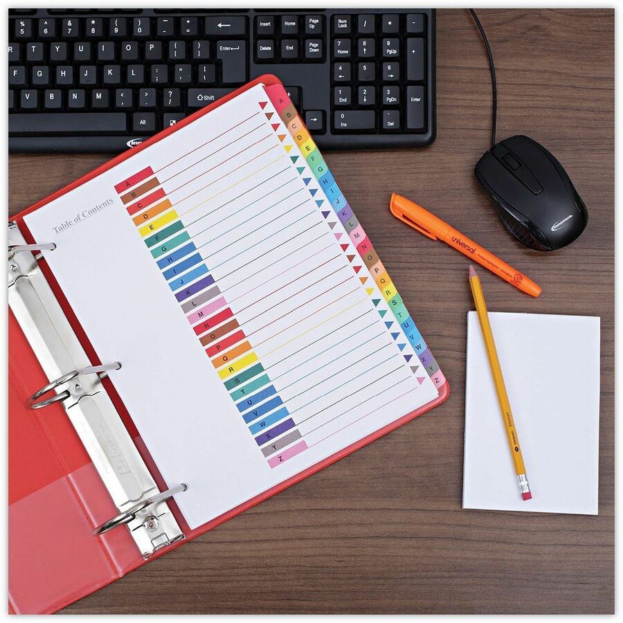 Universal Index Divider, 26 A-Z Printed Side Tabs, 8.5" x 11", Letter Size, 3-Hole Punched, White Paper, Assorted Laminated Tabs, Double-Sided, Mylar Reinforced Edge, 30% Recycled, 1 Set
