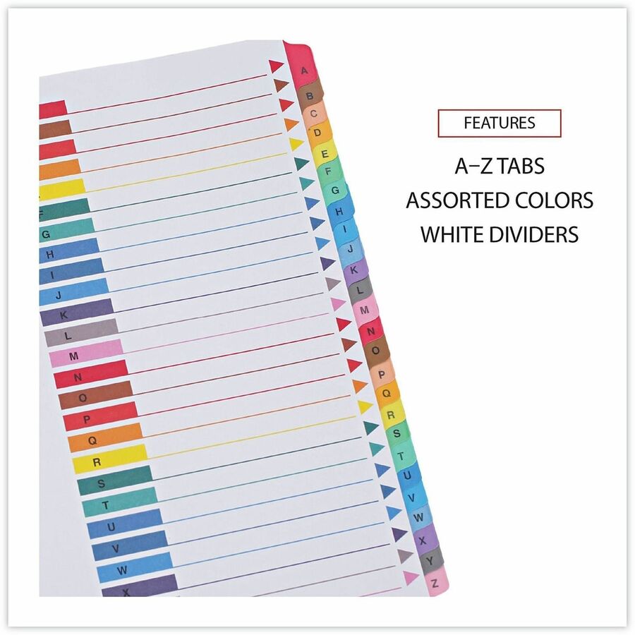 Universal Index Divider, 26 A-Z Printed Side Tabs, 8.5" x 11", Letter Size, 3-Hole Punched, White Paper, Assorted Laminated Tabs, Double-Sided, Mylar Reinforced Edge, 30% Recycled, 1 Set