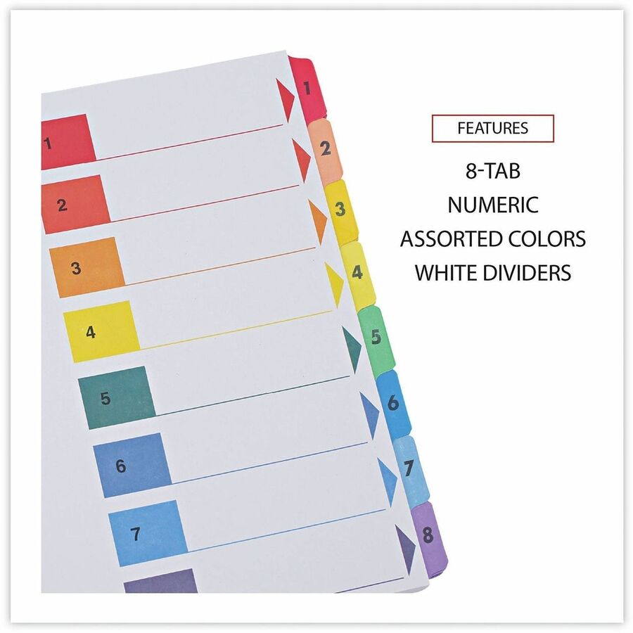 Universal Index Divider, 8 Printed Side Tabs (1-8), Table of Contents, Letter Size, 3-Hole Punched, White Paper, Assorted Laminated Tabs, Double-Sided, Mylar Reinforced Edge, 30% Recycled, 6 Sets