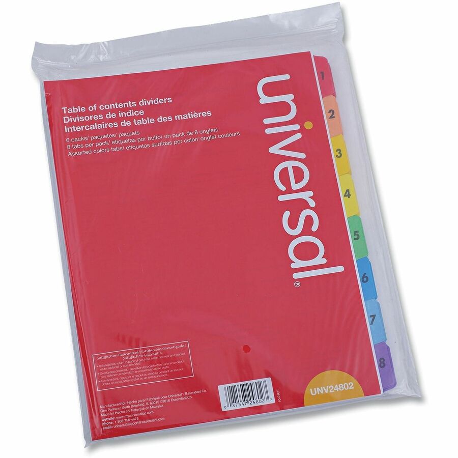 Universal Index Divider, 8 Printed Side Tabs (1-8), Table of Contents, Letter Size, 3-Hole Punched, White Paper, Assorted Laminated Tabs, Double-Sided, Mylar Reinforced Edge, 30% Recycled, 6 Sets