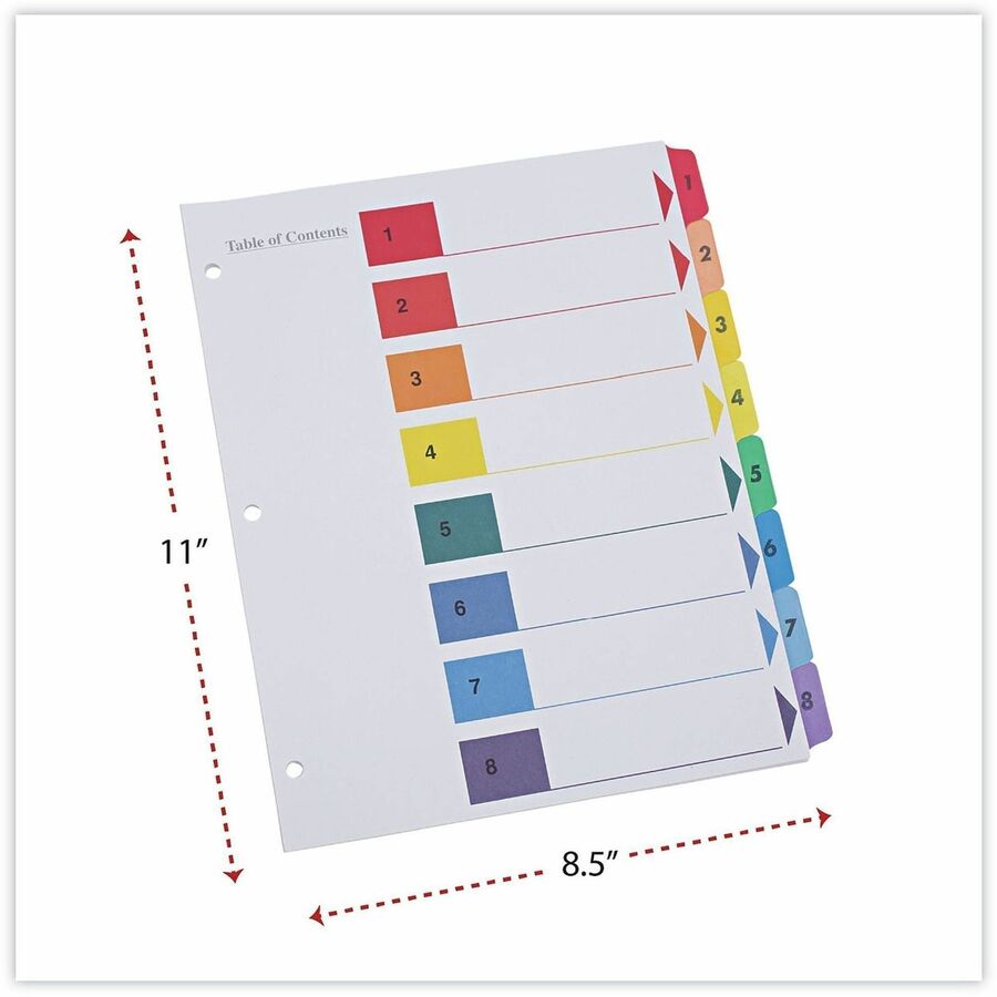 Universal Index Divider, 8 Printed Side Tabs (1-8), Table of Contents, Letter Size, 3-Hole Punched, White Paper, Assorted Laminated Tabs, Double-Sided, Mylar Reinforced Edge, 30% Recycled, 6 Sets