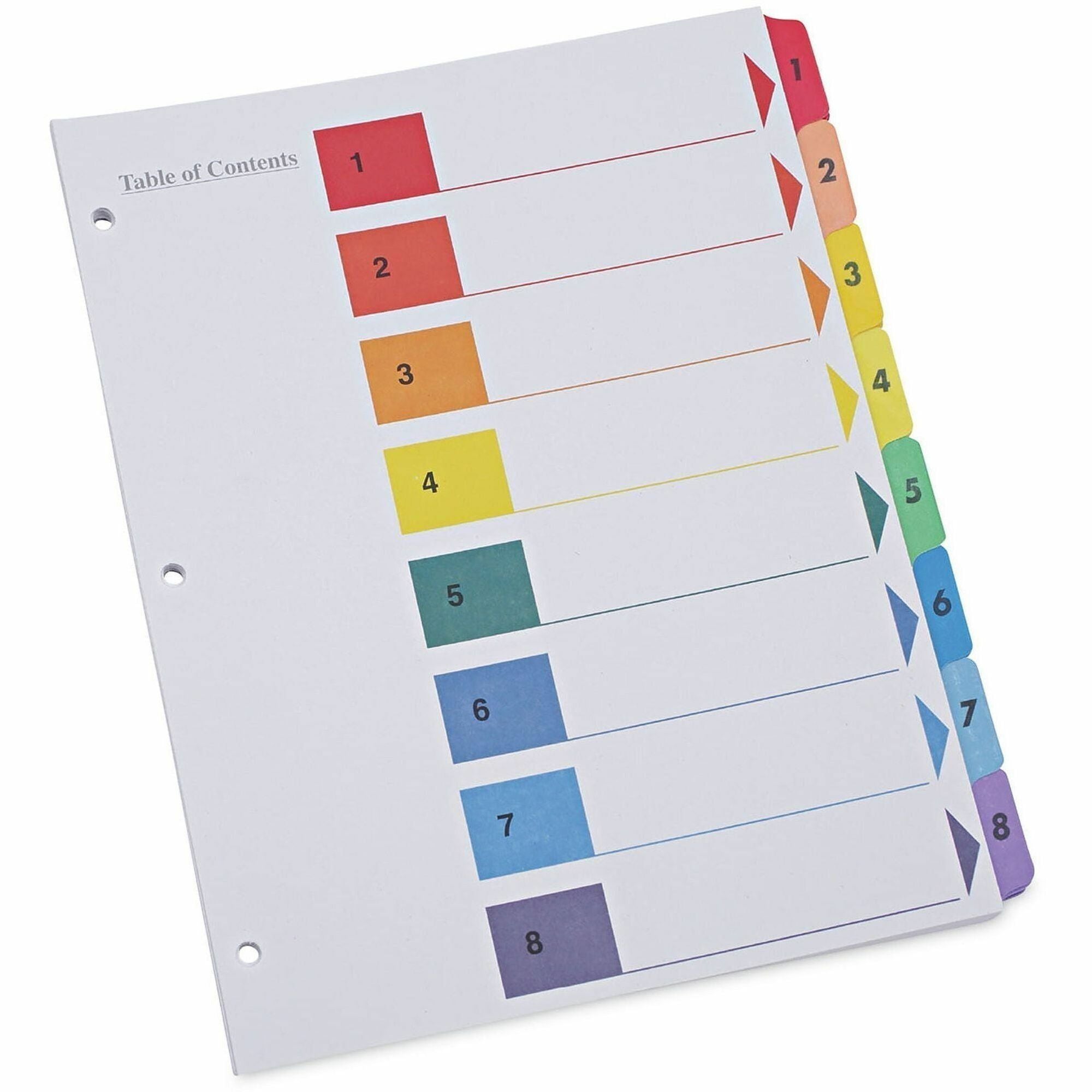 Universal Index Divider, 8 Printed Side Tabs (1-8), Table of Contents, Letter Size, 3-Hole Punched, White Paper, Assorted Laminated Tabs, Double-Sided, Mylar Reinforced Edge, 30% Recycled, 6 Sets