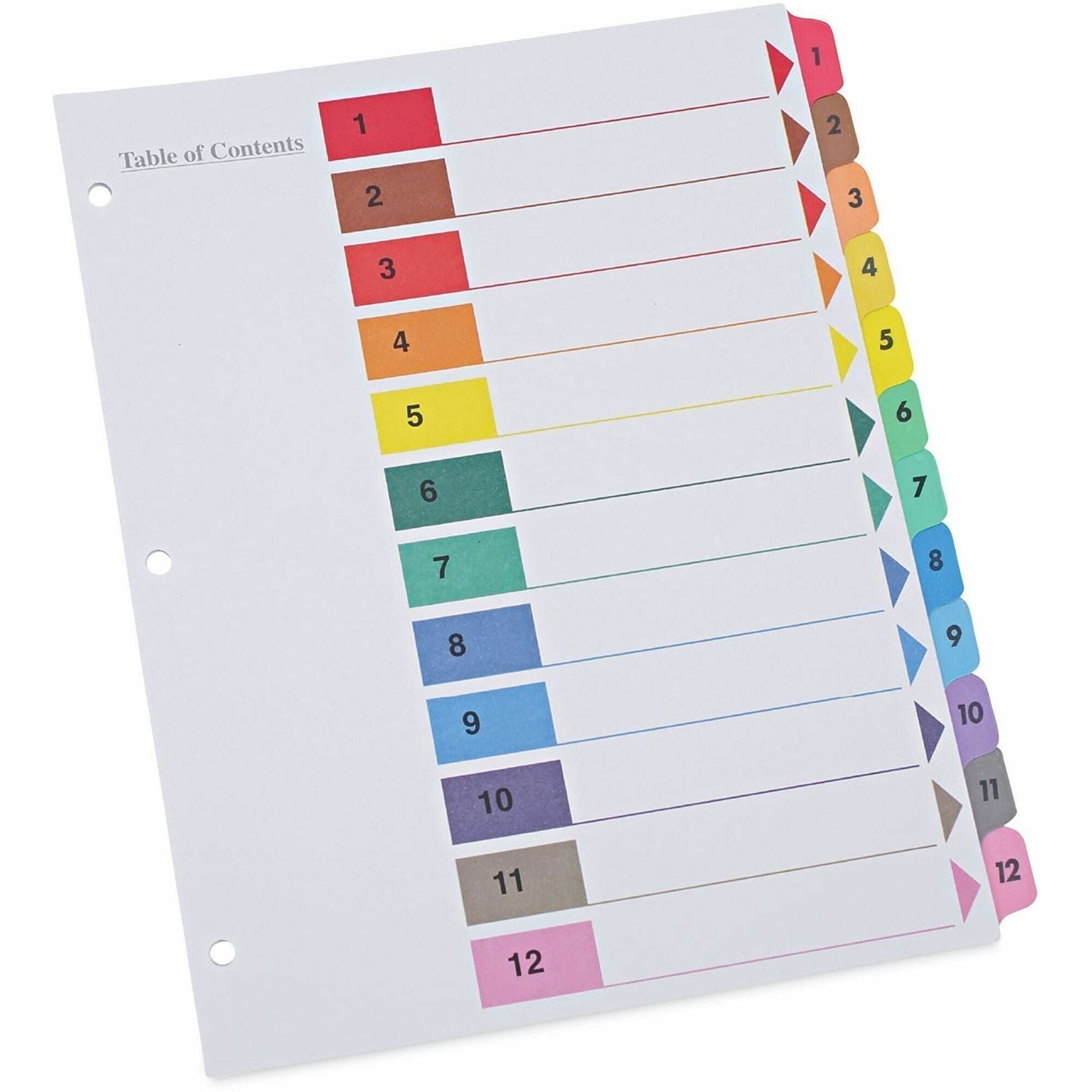 Universal Index Divider, 12 Printed Side Tabs (1-12), Table of Contents, Letter Size, 8.5" x 11", 3-Hole Punched, White Paper, Assorted Laminated Tabs, Double-Sided, Mylar Reinforced Edge, 30% Recycled, 6 Sets