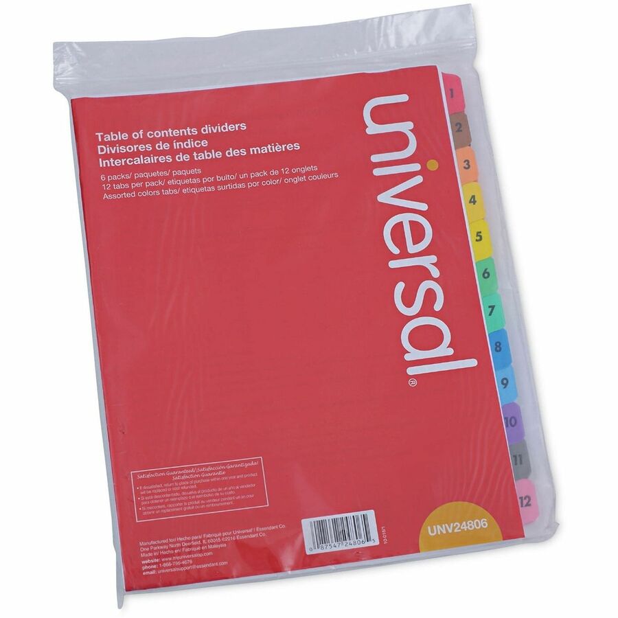 Universal Index Divider, 12 Printed Side Tabs (1-12), Table of Contents, Letter Size, 8.5" x 11", 3-Hole Punched, White Paper, Assorted Laminated Tabs, Double-Sided, Mylar Reinforced Edge, 30% Recycled, 6 Sets