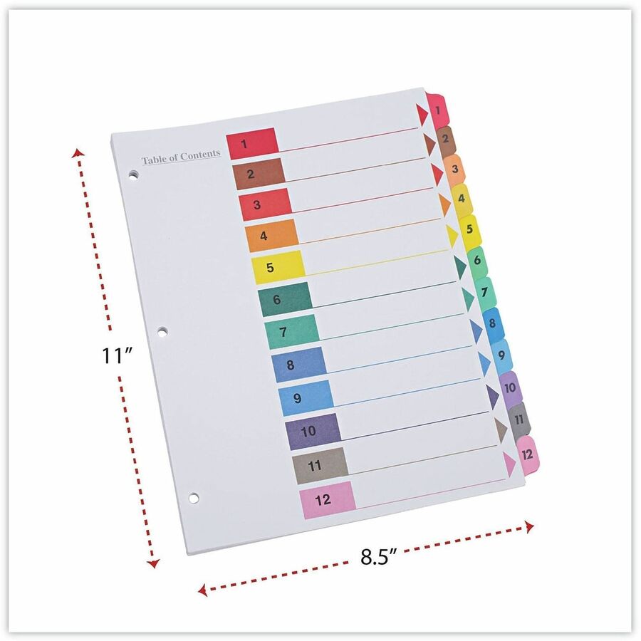 Universal Index Divider, 12 Printed Side Tabs (1-12), Table of Contents, Letter Size, 8.5" x 11", 3-Hole Punched, White Paper, Assorted Laminated Tabs, Double-Sided, Mylar Reinforced Edge, 30% Recycled, 6 Sets