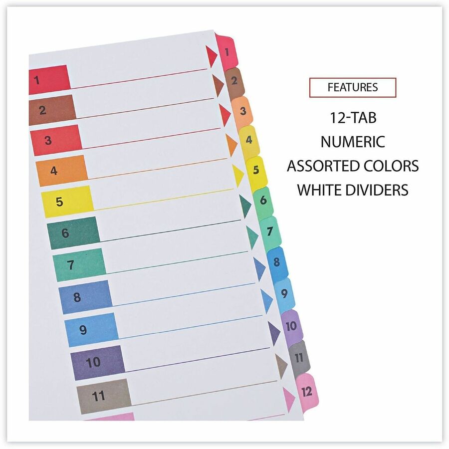 Universal Index Divider, 12 Printed Side Tabs (1-12), Table of Contents, Letter Size, 8.5" x 11", 3-Hole Punched, White Paper, Assorted Laminated Tabs, Double-Sided, Mylar Reinforced Edge, 30% Recycled, 6 Sets