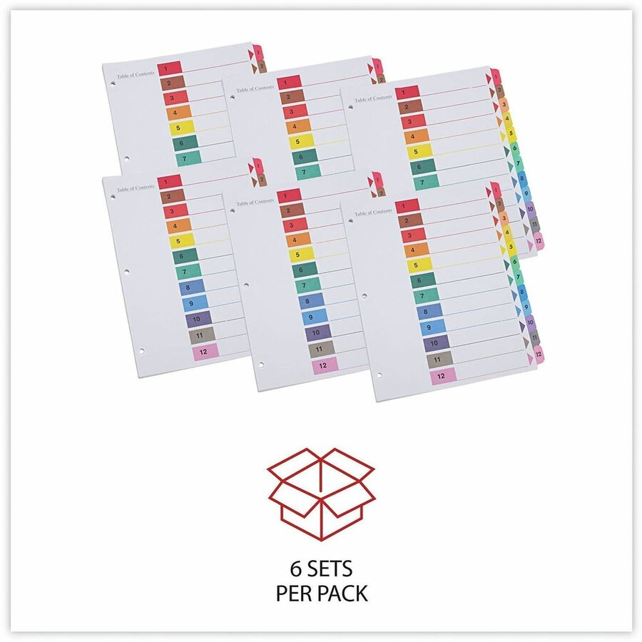 Universal Index Divider, 12 Printed Side Tabs (1-12), Table of Contents, Letter Size, 8.5" x 11", 3-Hole Punched, White Paper, Assorted Laminated Tabs, Double-Sided, Mylar Reinforced Edge, 30% Recycled, 6 Sets