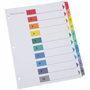 Universal Index Divider, 10 Printed Side Tabs (1-10), Table of Contents, Letter Size, 8.5" x 11", 3-Hole Punched, White Paper, Assorted Laminated Tabs, Double-Sided, Mylar Reinforced Edge, 30% Recycled, 6 Sets