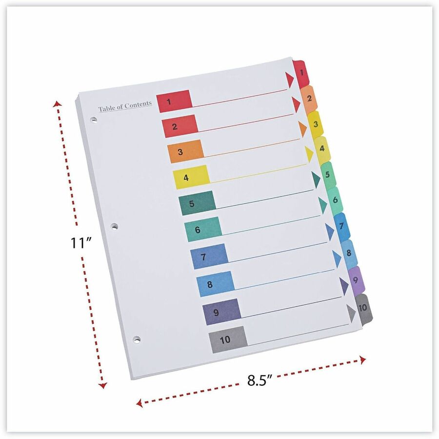 Universal Index Divider, 10 Printed Side Tabs (1-10), Table of Contents, Letter Size, 8.5" x 11", 3-Hole Punched, White Paper, Assorted Laminated Tabs, Double-Sided, Mylar Reinforced Edge, 30% Recycled, 6 Sets