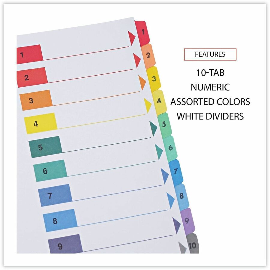 Universal Index Divider, 10 Printed Side Tabs (1-10), Table of Contents, Letter Size, 8.5" x 11", 3-Hole Punched, White Paper, Assorted Laminated Tabs, Double-Sided, Mylar Reinforced Edge, 30% Recycled, 6 Sets