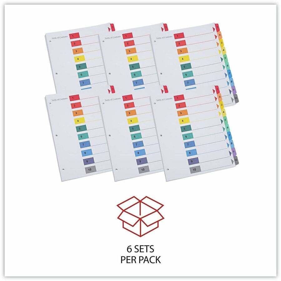 Universal Index Divider, 10 Printed Side Tabs (1-10), Table of Contents, Letter Size, 8.5" x 11", 3-Hole Punched, White Paper, Assorted Laminated Tabs, Double-Sided, Mylar Reinforced Edge, 30% Recycled, 6 Sets