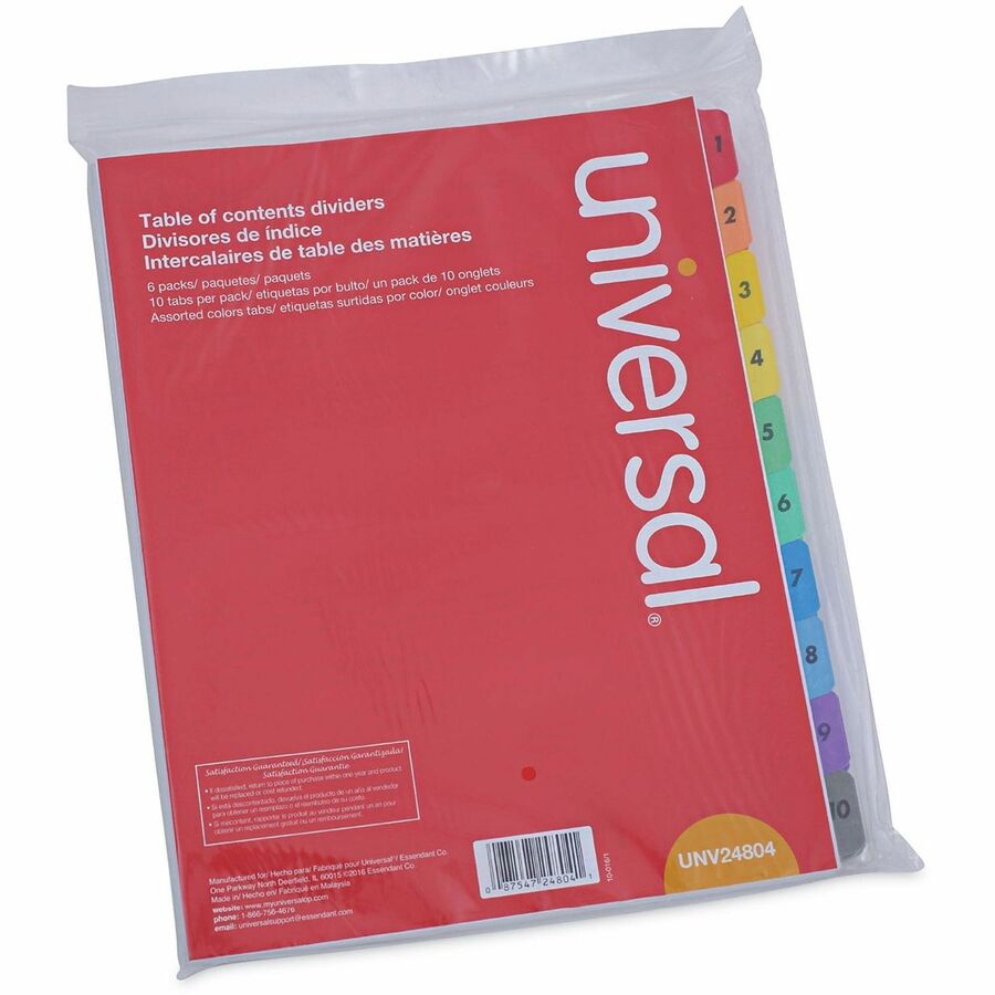 Universal Index Divider, 10 Printed Side Tabs (1-10), Table of Contents, Letter Size, 8.5" x 11", 3-Hole Punched, White Paper, Assorted Laminated Tabs, Double-Sided, Mylar Reinforced Edge, 30% Recycled, 6 Sets
