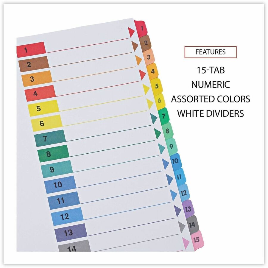 Universal Index Divider, 15 Printed Side Tabs (1-15), Table of Contents, Letter Size, 3-Hole Punched, White Paper, Assorted Laminated Tabs, Double-sided, Mylar Reinforced Edge, 30% Recycled, 6 Sets