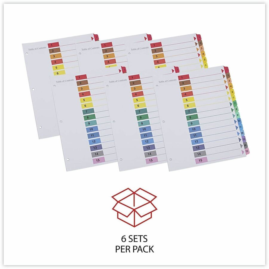 Universal Index Divider, 15 Printed Side Tabs (1-15), Table of Contents, Letter Size, 3-Hole Punched, White Paper, Assorted Laminated Tabs, Double-sided, Mylar Reinforced Edge, 30% Recycled, 6 Sets