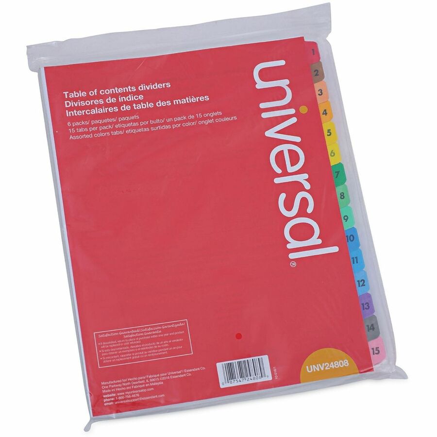 Universal Index Divider, 15 Printed Side Tabs (1-15), Table of Contents, Letter Size, 3-Hole Punched, White Paper, Assorted Laminated Tabs, Double-sided, Mylar Reinforced Edge, 30% Recycled, 6 Sets