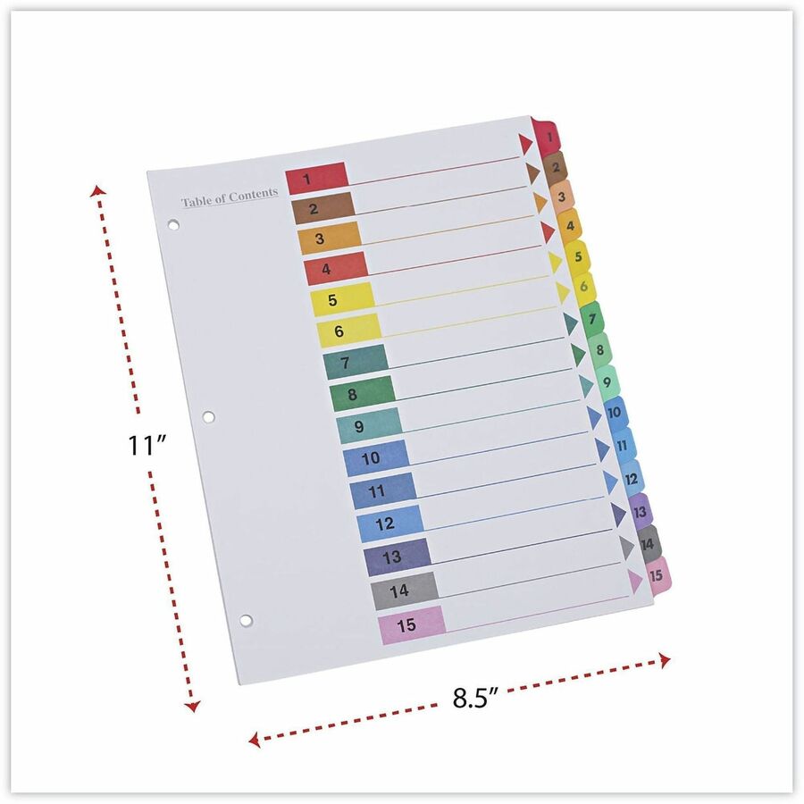Universal Index Divider, 15 Printed Side Tabs (1-15), Table of Contents, Letter Size, 3-Hole Punched, White Paper, Assorted Laminated Tabs, Double-sided, Mylar Reinforced Edge, 30% Recycled, 6 Sets