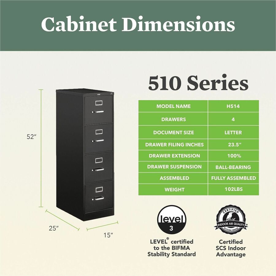 HON 510 H514 Vertical Column - 52" Height x 15" Width x 25" Depth - Total Drawer(s): 4 - Finish: Black - 1 Each
